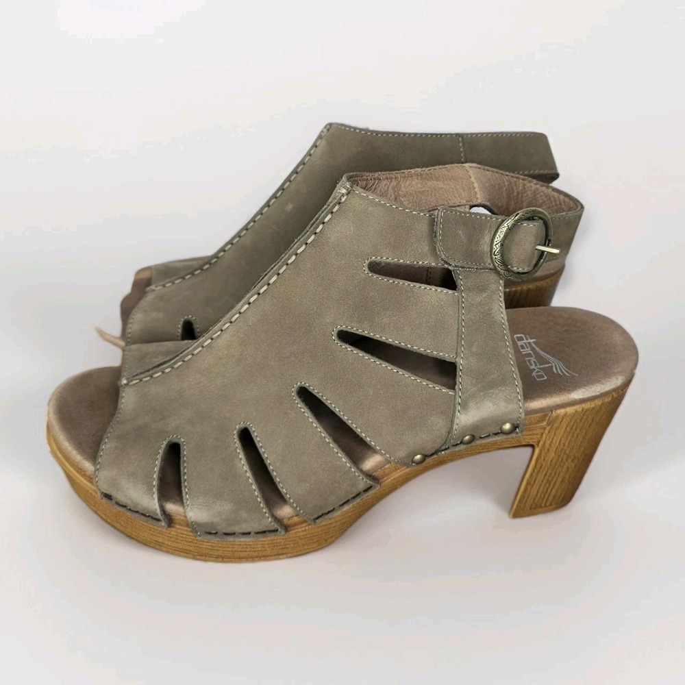 Dansko Demetra Cutout Taupe‎ Suede Peep Toe Heeled Clog 40 US 9